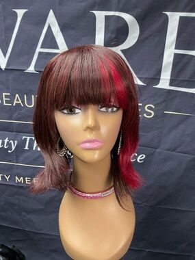Stylish Burgundy and Hot Pink Women’s Synthetic Wig with Bangs